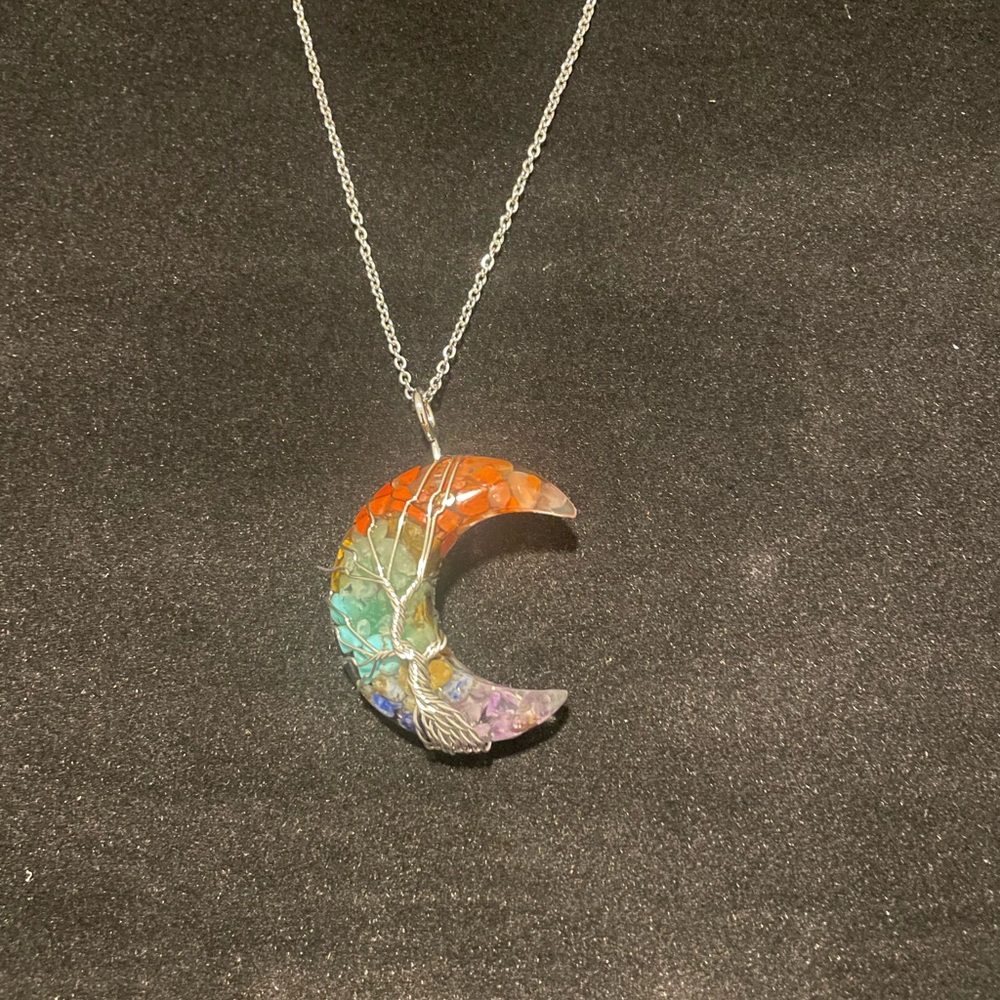 Silver Multicolor Crescent Pendant Necklace